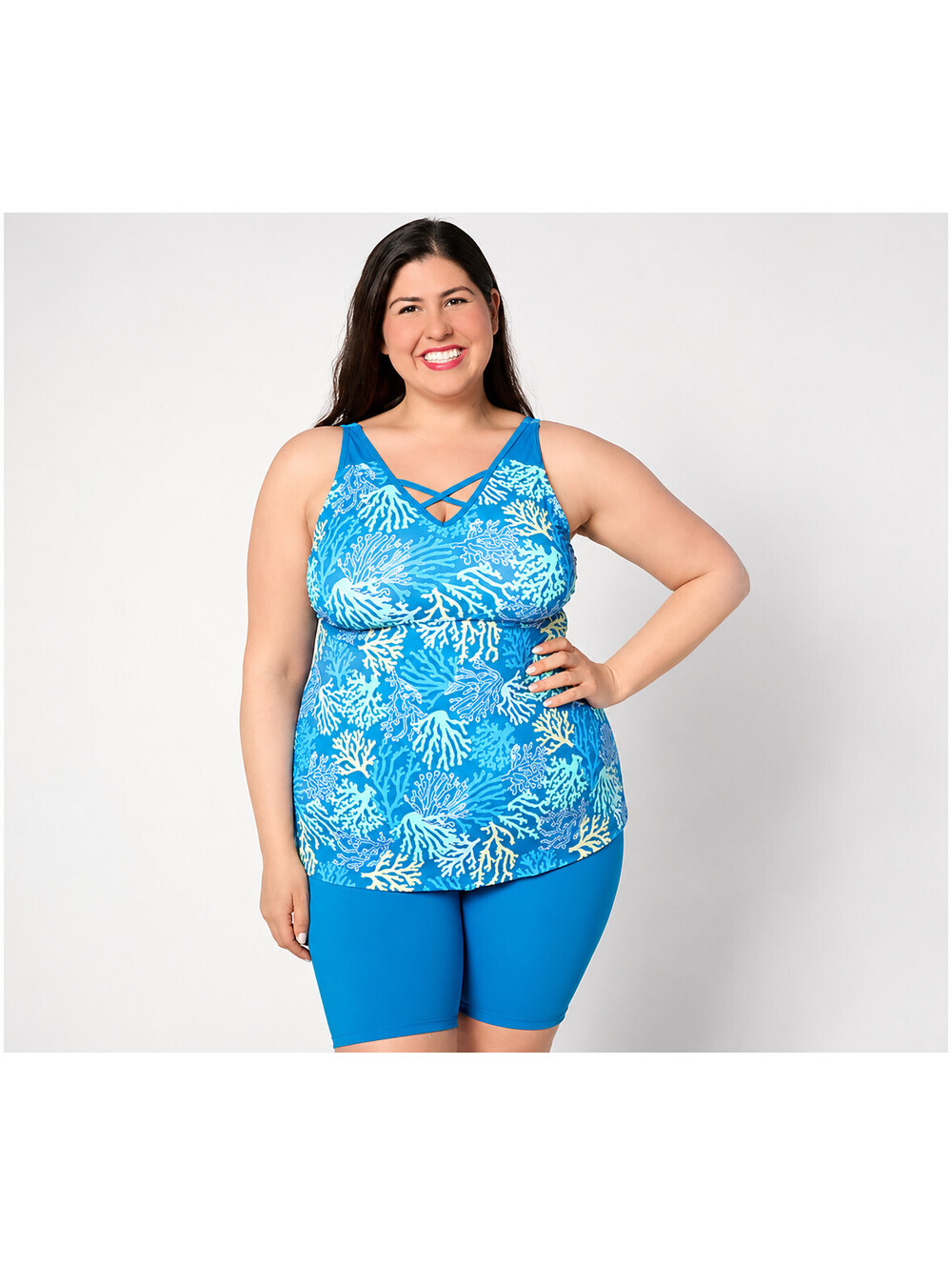 Denim & Co. Beach Criss Cross Front Tankini with Swim Shorts Aqua Coral, Reg 14